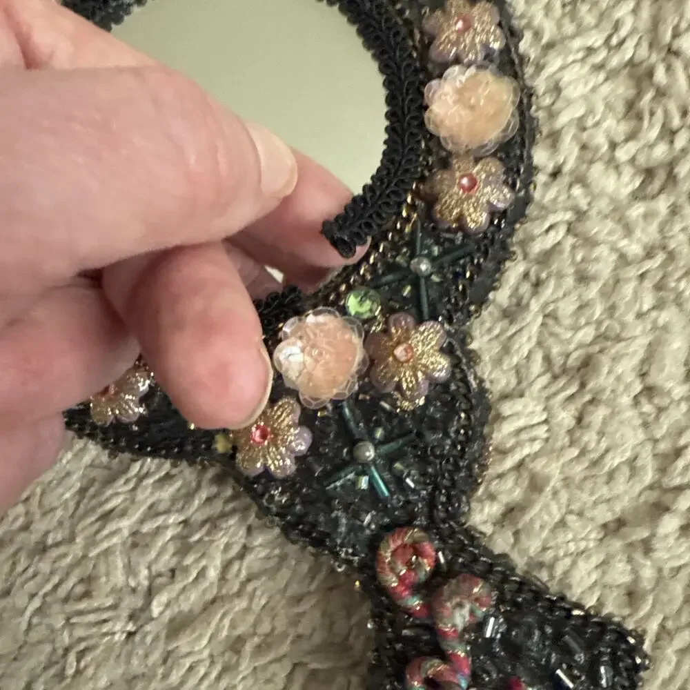 Vintage Beaded hand mirror with fairy mushroom and floral patterns